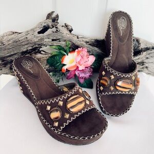 DR. SCHOLL’S ~ Chocolate Brown Suede Slip On Beaded Sandals w/Tiger Eye Stones